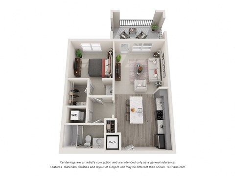 Floor plan for 1 bed, 1 bath, 737 sqft